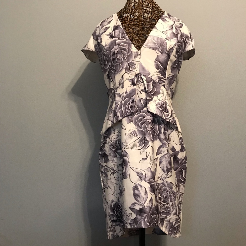 Grey and White Floral Peplum Cocktail Dress